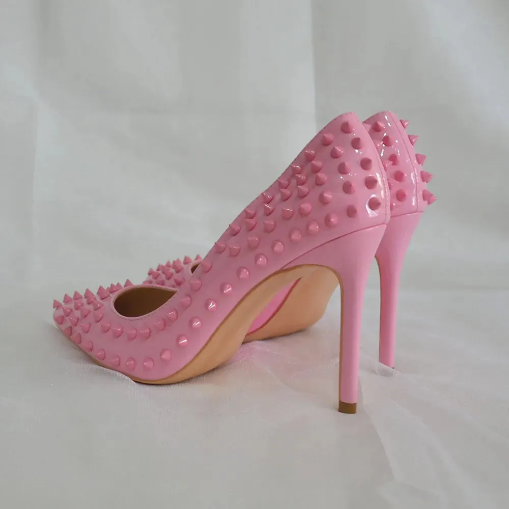 binfenxie Light Pink Women Rivets Pointy Toe High Heels Sexy Ladies Slip On Stilettos Pumps Chic Spikes Heeled  Party Shoes