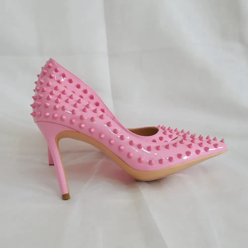 binfenxie Light Pink Women Rivets Pointy Toe High Heels Sexy Ladies Slip On Stilettos Pumps Chic Spikes Heeled  Party Shoes